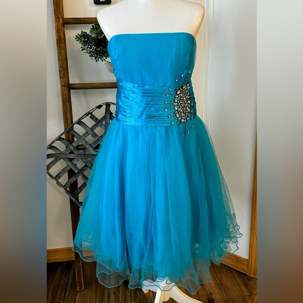May Queen 90s Y2K Turquoise Rhinestone Women’s Strapless Party Glam Tulle Dress